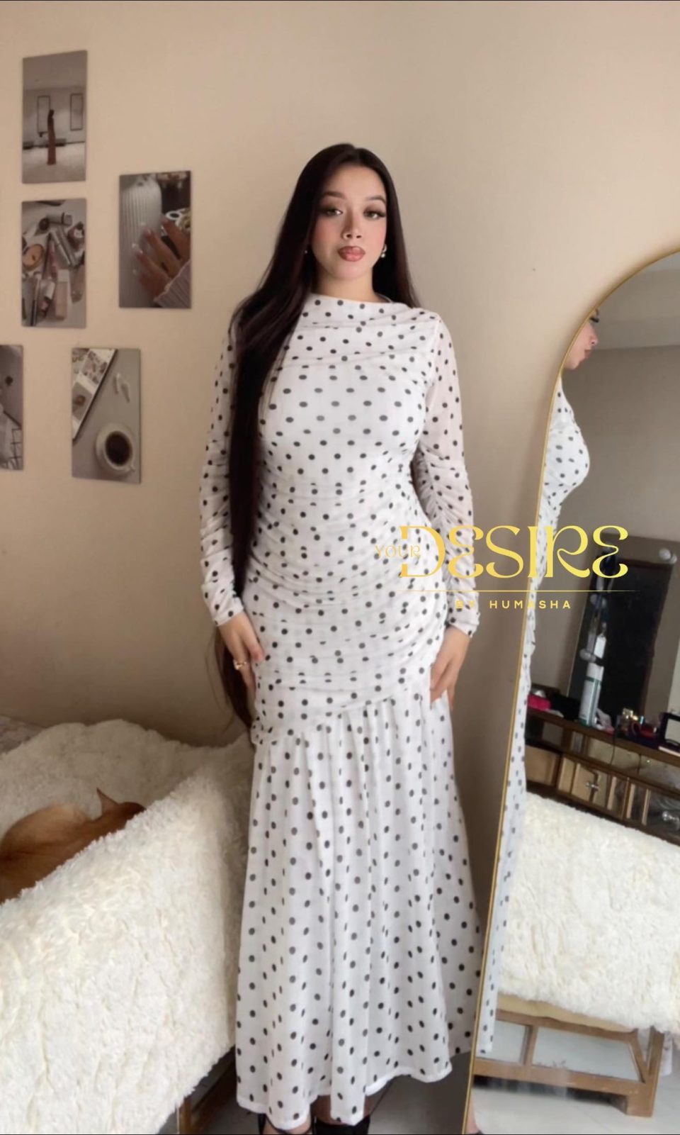 Polka Dot Ruched Evening Gown (WHITE)