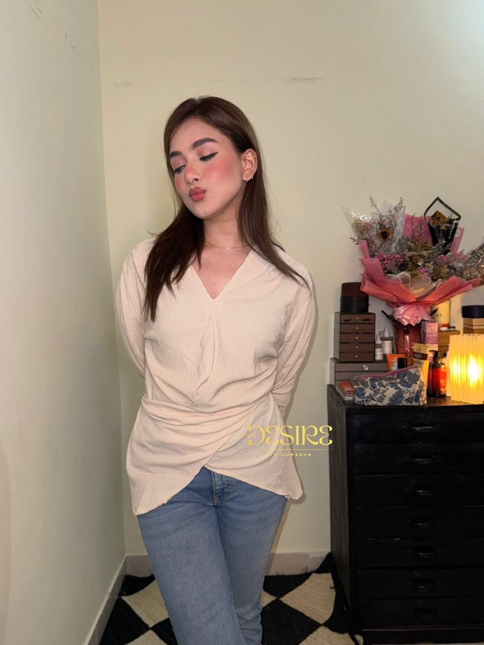 Cream Wrap-Front V-Neck Top