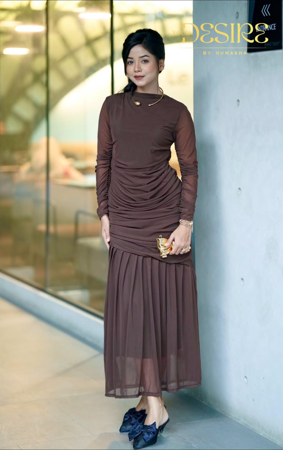 Chocolate Mesh Ruched Maxi Dress